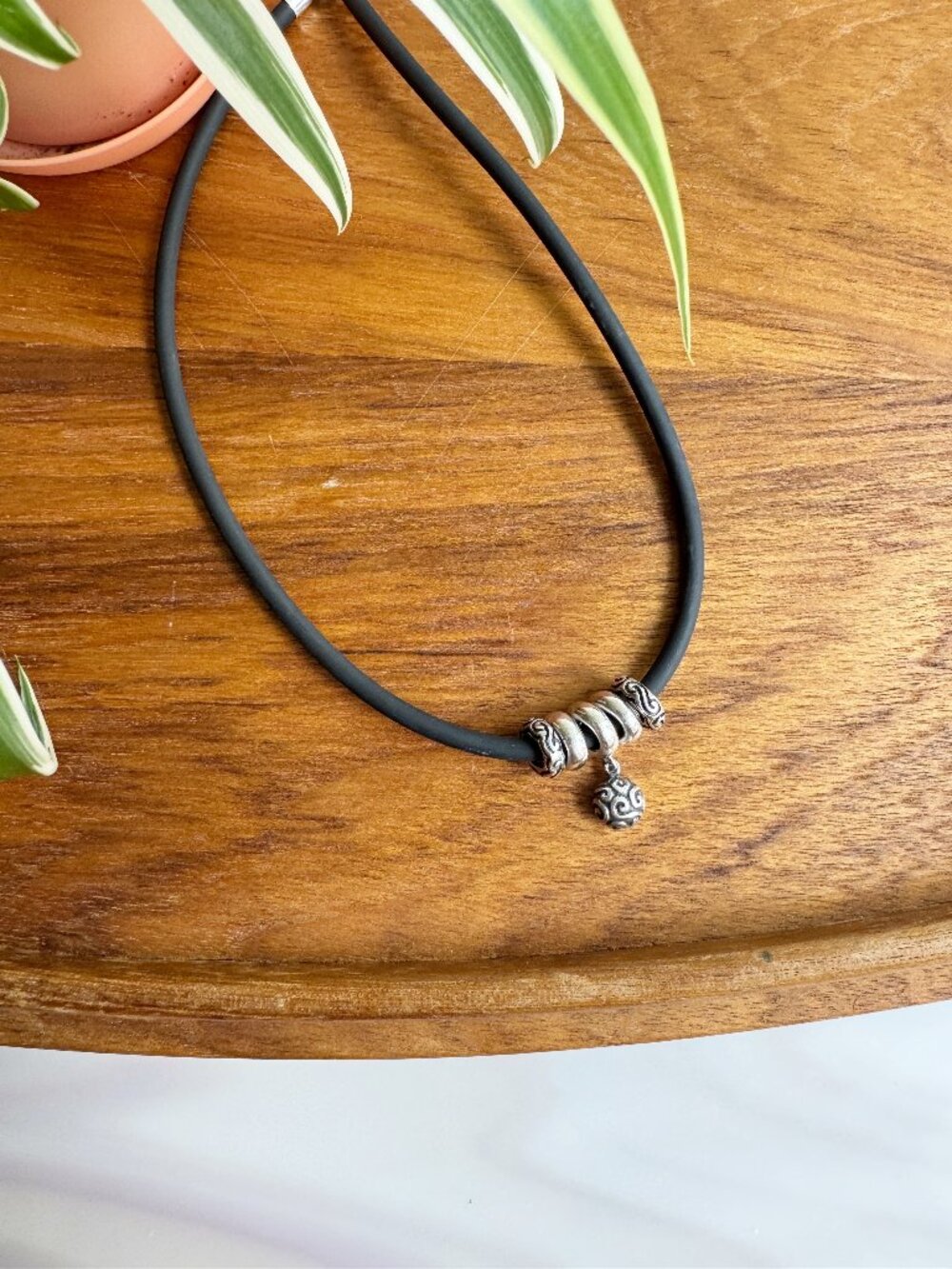 Y2K Black Rubber Silver Etched Scroll Slider Charm Necklace